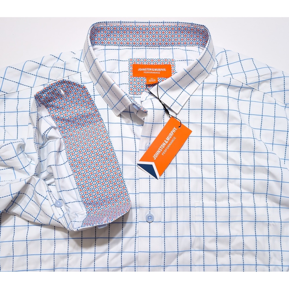 JOHNSTON & MURPHY Dress Shirt Mens XL White Blue New Performance Flip Cuff